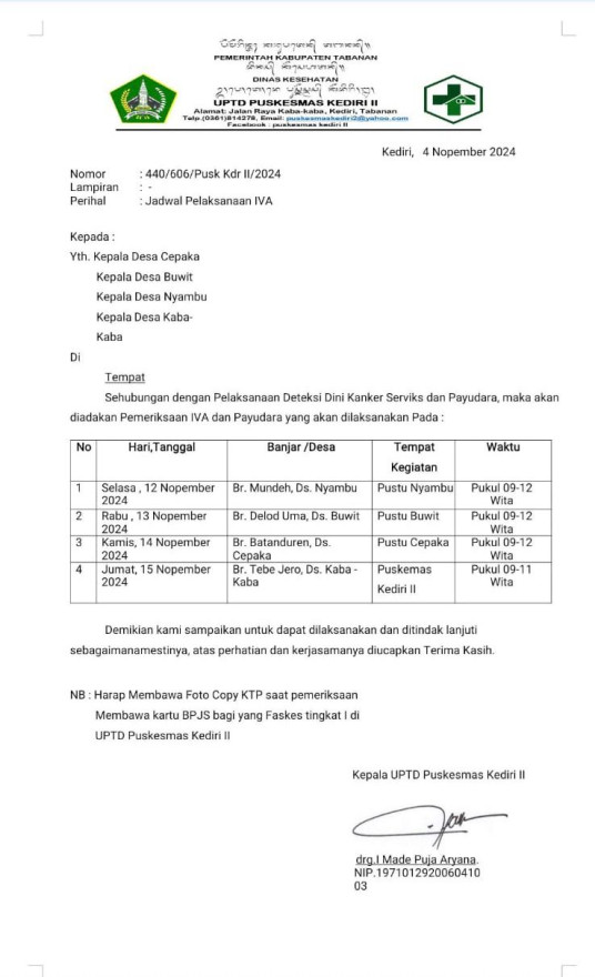 Jadwal Deteksi Dini Kanker Leher Rahim dan Kanker Payudara dengan metode IVA dan SADANIS di Kecamatan Kediri Kabupaten Tabanan Bali.
